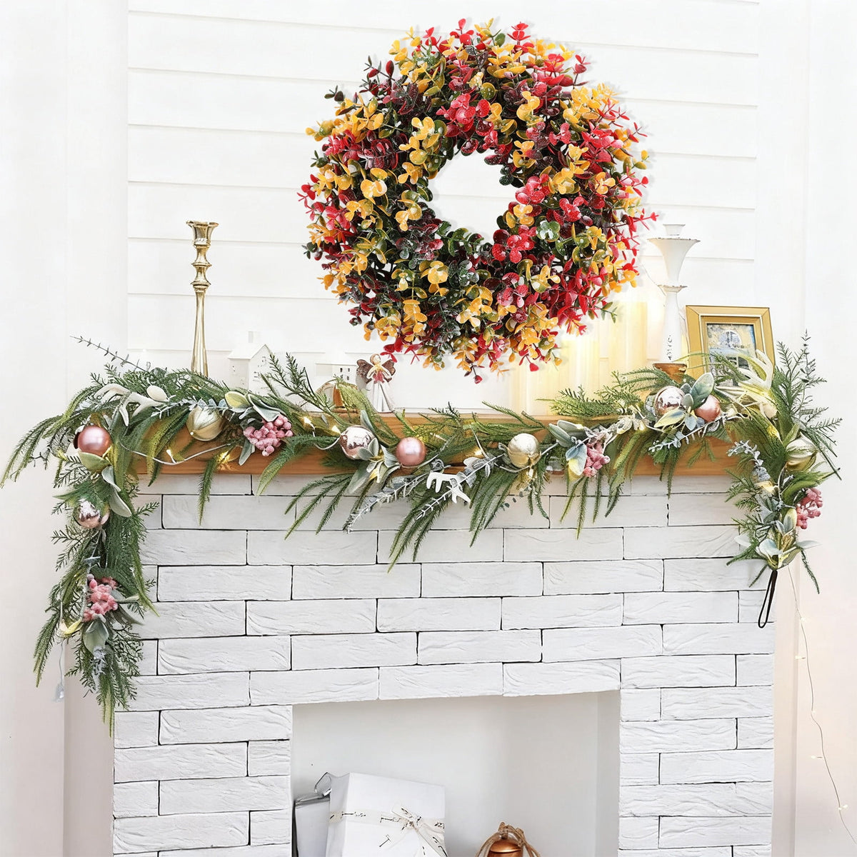 Btomtd 15" Handcrafted Rattan Wreath for Christmas Decoration, Versatile Hanging Wreath for Door Wall or Window, Mall Display Garland, Thanksgiving Halloween Wreaths, A