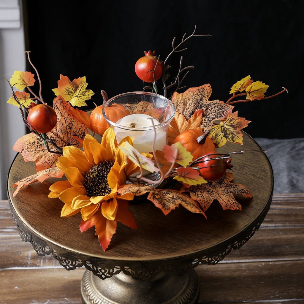 Pumpkins Candle Rings Wreaths Fall Candle Rings Maple Leaves Harvest Day Wreath Ring Holder Sunflower Pumpkin for Autumn Harvest Festival Farmhouse Halloween Table Decor