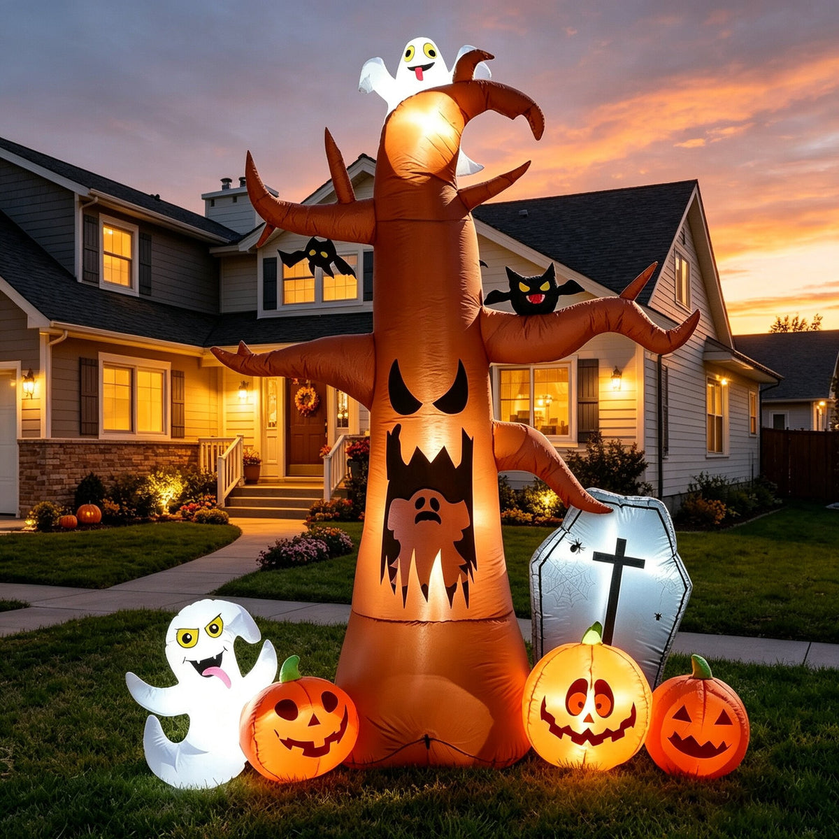 Coolmade 8 ft Halloween Inflatable Outdoor Dead Tree with Ghosts Pumpkins Tombstone Bat, Halloween Blow Up Yard Decorations Clearance with Build-in LED Lights for Holiday Party Lawn Yard Garden