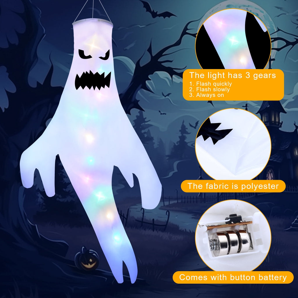 Qoosea 2 pack Hanging Ghosts Halloween Decor 4.26ft Large Glowing LED Ghost Lights Windsock Halloween Decorations Outdoor Indoor, 3 Lighting Modes