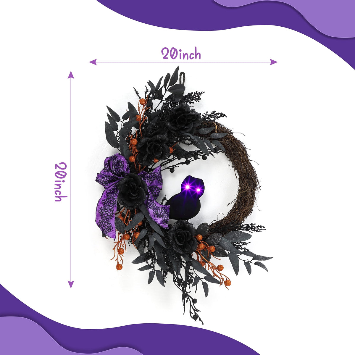 HELLONE Halloween Wreath with Lights, 20 Inch Front Door Halloween Wreath Decorations with Owl, Black Leaves, Roses, Bows for Halloween Home Porch Decor Indoor Outdoor