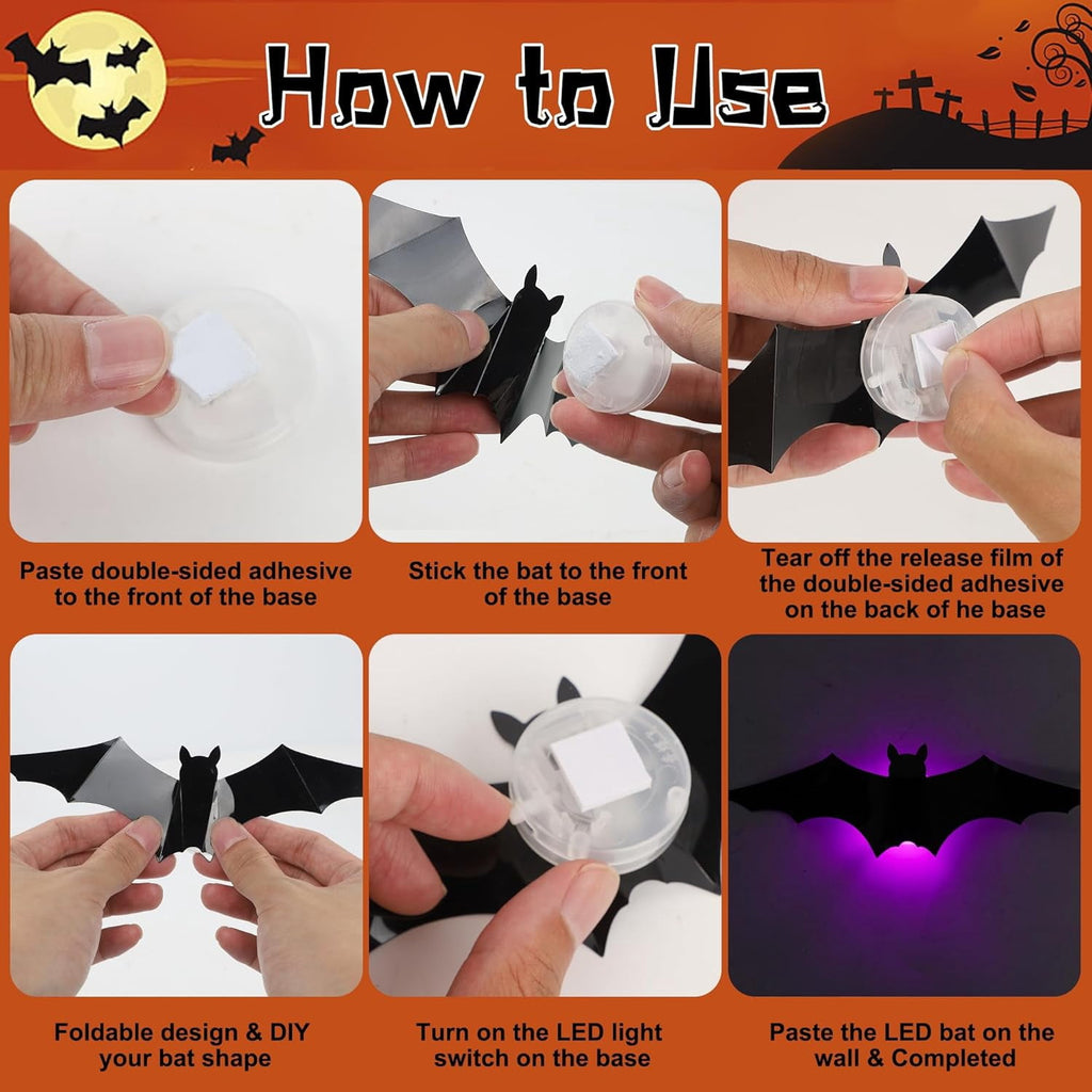 CQHVKQ 36 PCS Halloween Bats Decorations, Realistic 3D LED Bats Wall Stickers Decor, Assorted Size Removable Lighted PVC Bats DIY Wall Sticker for Halloween Party, Bedroom, Home, Indoor and Outdoor