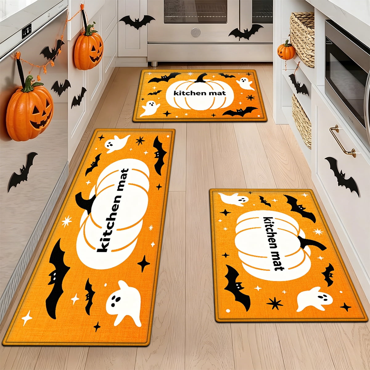 YIMEIS Halloween Orange Ghost Pumpkin Black Cat 1Pc Flannel Mat & Kitchen Rugs,Soft Non-slip,16''×24'' Inches,for Entryway Bathroom