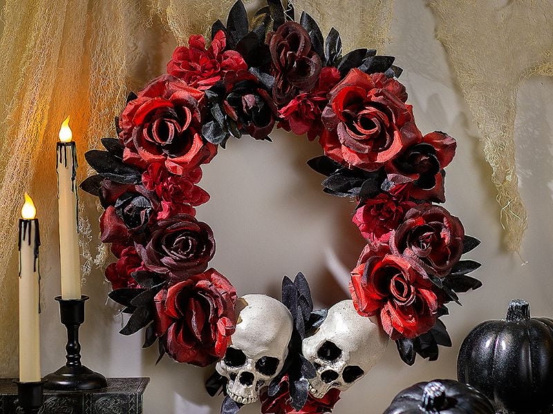 16 3/4" X 3 1/2" Red & Black Flower Wreath With Skulls Halloween Decoration