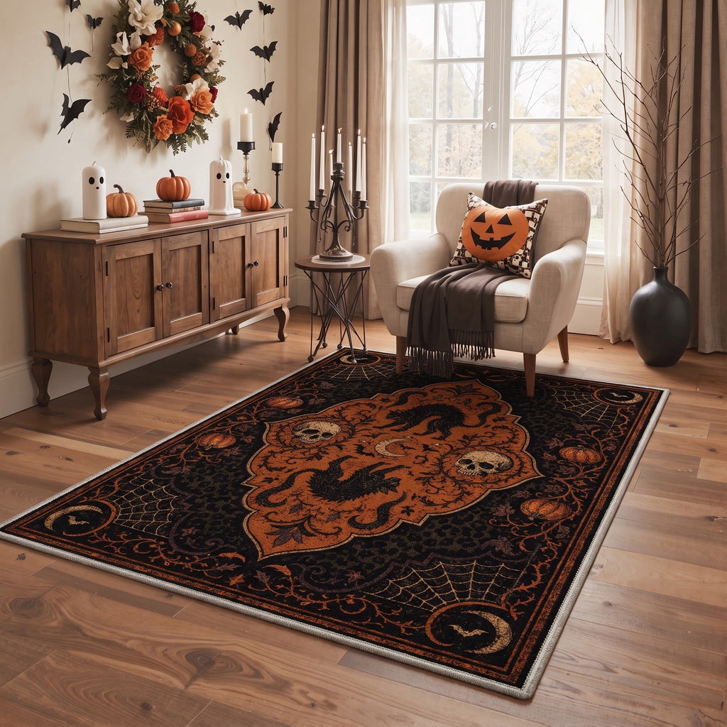 KUETH 3'x5' Halloween Machine Washable Area Rug, Non-Slip Rugs for Living Room, Bedroom and Dining Room, Orange