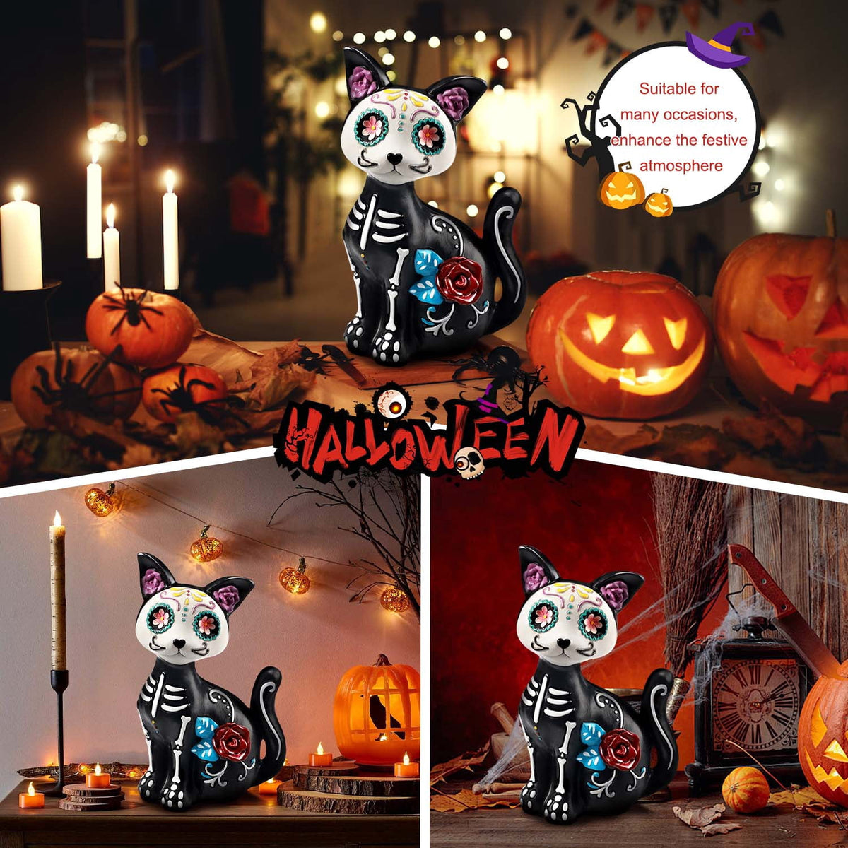 Ayieyill 2pcs Halloween Cat and Skeleton Figurines Vintage Halloween Black Cat Decor Halloween Table Decorations