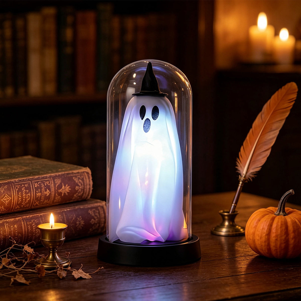 Orangide Halloween Ghost Cloche Night Light Fabric Ghost Lamp with Glass Dome for Mantel Shelf Spooky Party and Home Decor Ornament