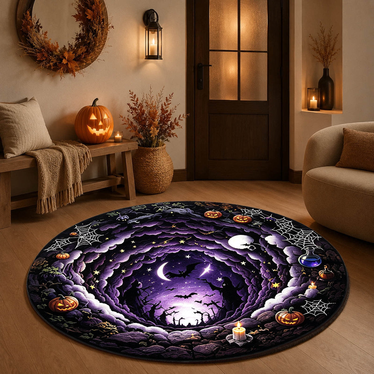 Win s Way 3D Illusion Round Halloween Rug Optical Illusion Doormat Non- Washable Entryway Decor Spooky Fall Front Door Mat for Party Decoration Available in 15.8/23.6/31.5 Inch