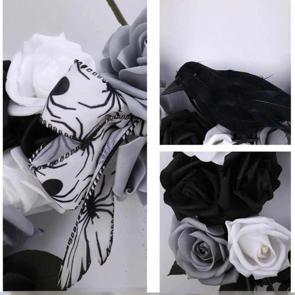 Halloween Decorative Wreath with Crow Roses Lights,13.7" Black White Flowers Gothic Garland for Wedding,Creepy Decor Pendant,Wreath for Front Door Porch Window, Indoor Outdoor Home Halloween Decor