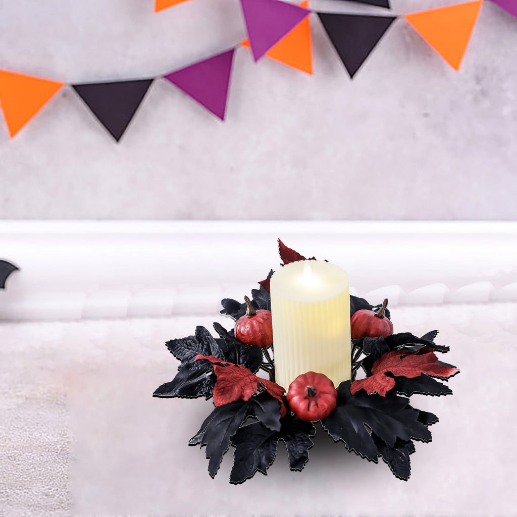 Fall Candle Rings Wreaths 3 Inch Center, Artificial Pumpkin Maple Leaf Candle Rings for Pillars Candles Centerpieces Halloween Thanksgiving Harvest Festival Home Table Decor