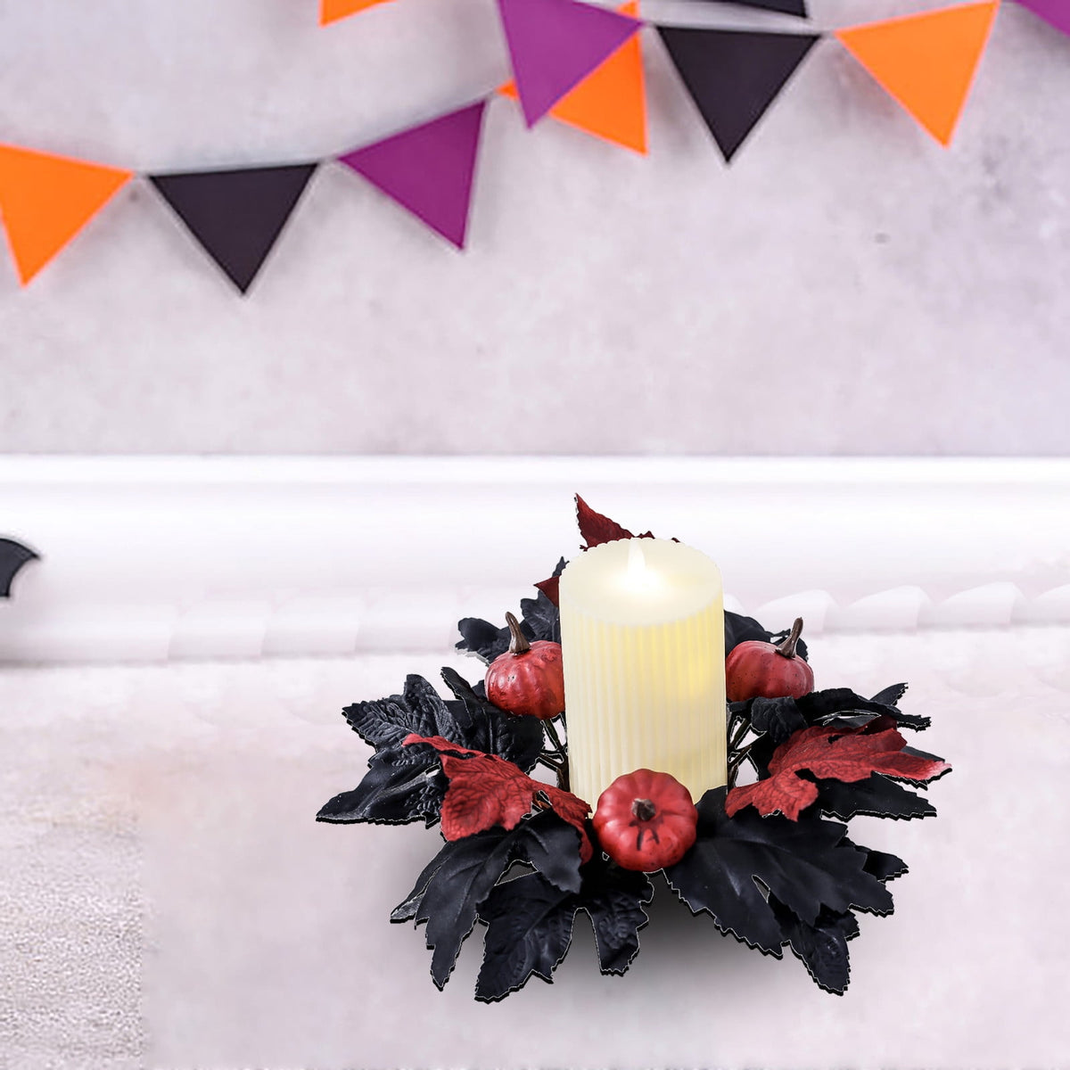 Fall Candle Rings Wreaths 3 Inch Center, Artificial Pumpkin Maple Leaf Candle Rings for Pillars Candles Centerpieces Halloween Thanksgiving Harvest Festival Home Table Decor