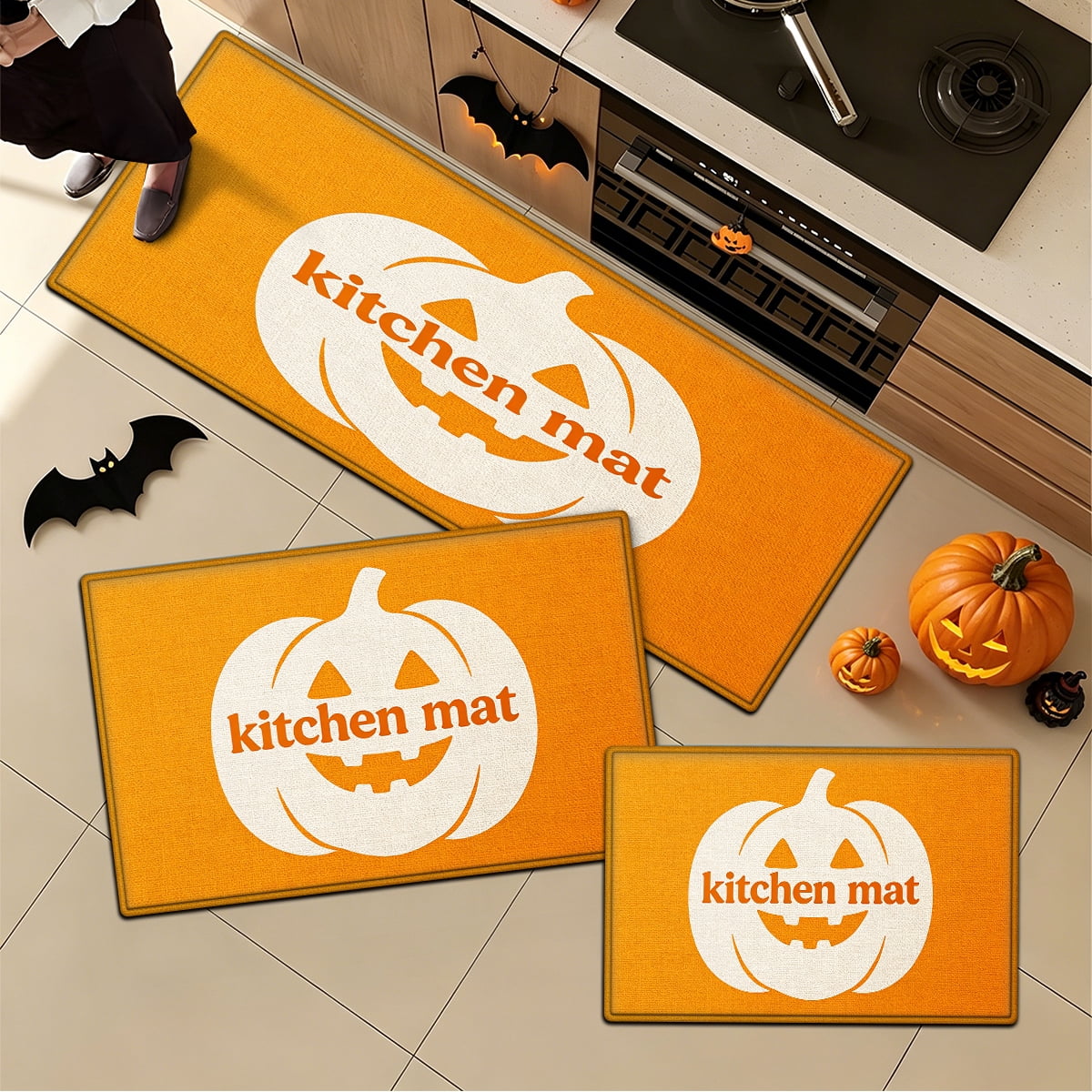 YIMEIS Halloween Orange Ghost Pumpkin Black Cat 1Pc Flannel Mat & Kitchen Rugs,Soft Non-slip,16''×24'' Inches,for Entryway Bathroom