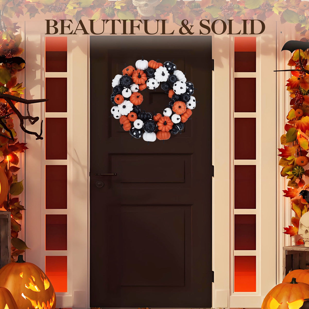 Festisoul Halloween Pumpkin Wreath for Front Door, 18'' Fall Wreath, Rattan Bottom Halloween Indoor Outdoor Decorations for Home, Party, Fireplace