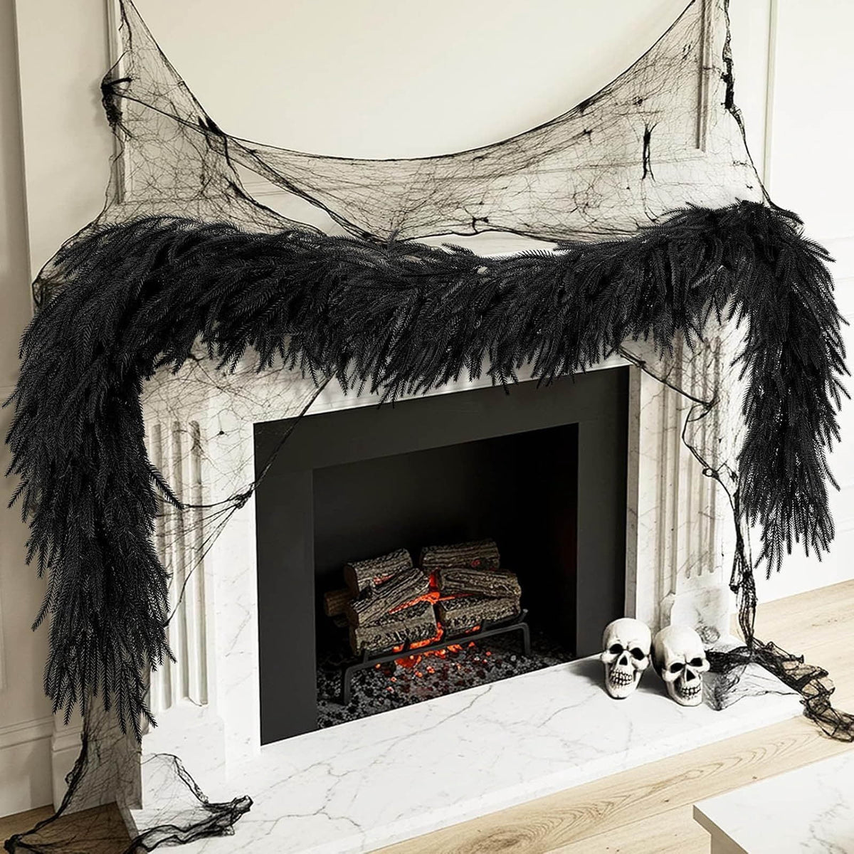 Black Halloween Garland,9 Ft Halloween Garland For Mantle,Black Norfolk And Halloween Decorative Wreath Real Touch Halloween Garlands Faux Garland.(120 Head)
