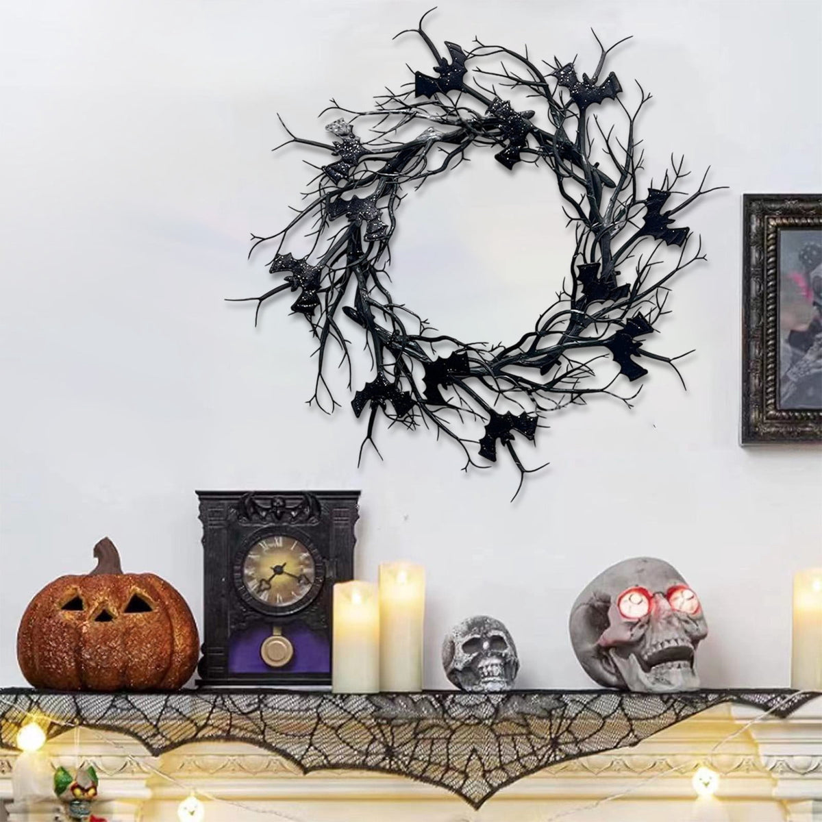 YOTQUSKI Halloween Wreaths for Front Door, 17.7" Artificial Dead Branch Bat Wreath, Black Bat Twig Window Door Decorations Hanging Party Props