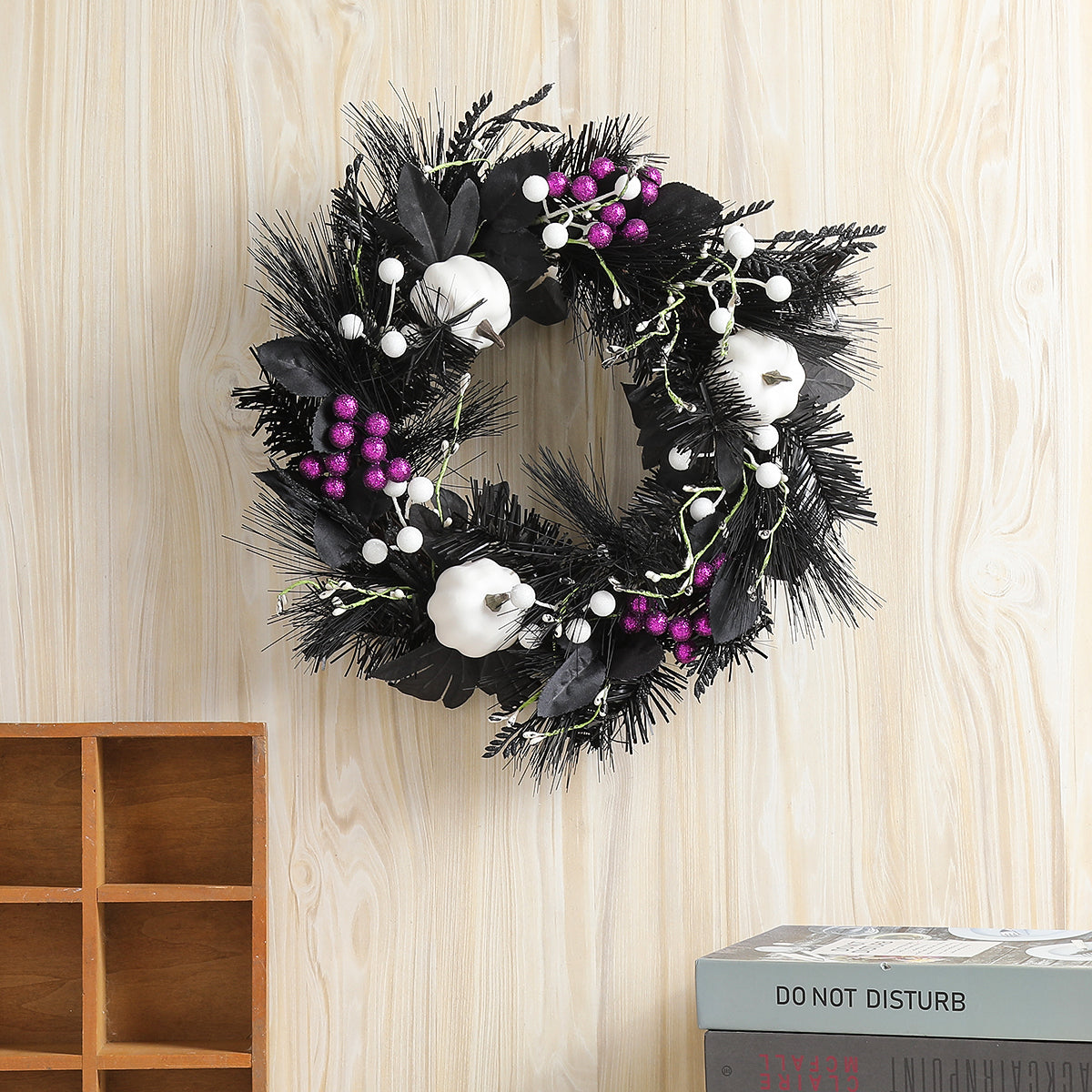 15.7 Inch Halloween Wreaths with White Pumpkin, Black Wreaths for Front Door, Halloween Decoration for Indoor Outdoor Wall Window Porch Patio Garden