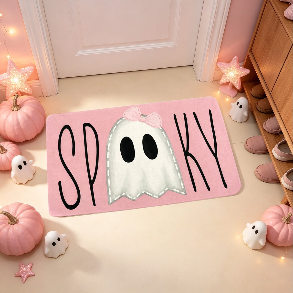 Halloween Decoration Indoor Outdoor Clearance Under $15.00! P-ink Ghost Halloween Doormat Non-Slide Front Door Mat Spooky Cute Ghost Welcome Rug For Indoor Outdoor Porch Patio Entryway Fall Decor