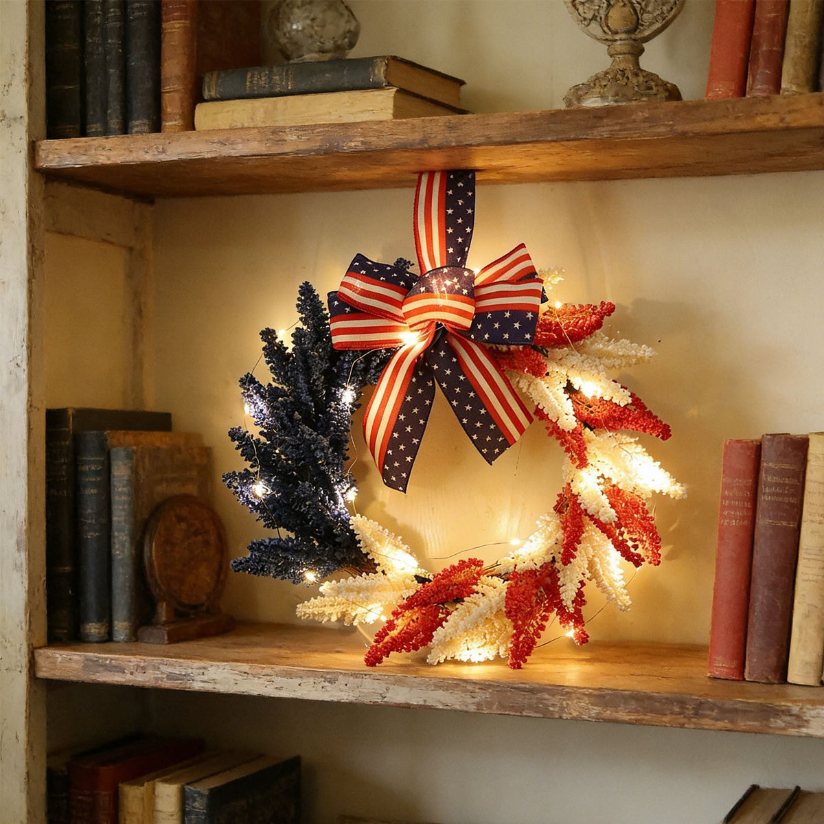 AZXY 20 Inch 4th of July Patriotic Wreath, Red White Blue Mesh Wreath with American Flag Star & Stripe Ribbons, Patriotic Americana Decor for Independence Day Memorial Day Front Door Indoor Outdoor
