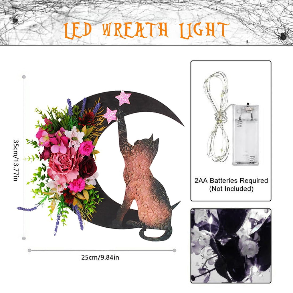 STYZIGZZ 14" Halloween Wreath for Front Door,Moon Cat Halloween Wreaths with Rose,Hanging Floor Door Decoration for Home Party Indoor Outdoor