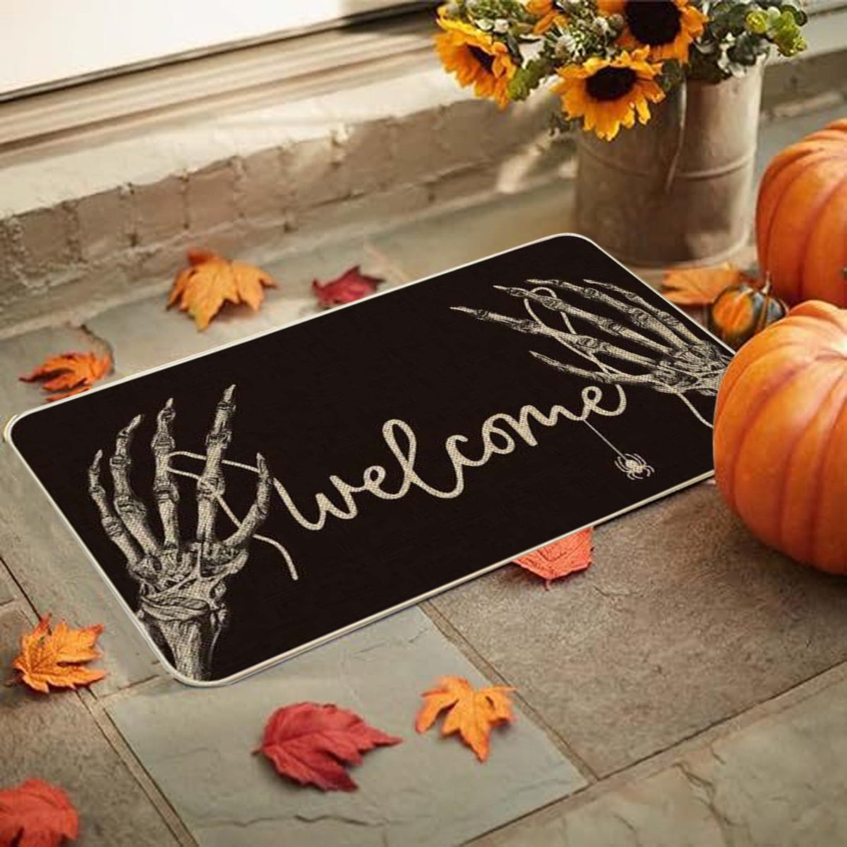 Orange Plaid Fall Outdoor Mat, Hand-Woven Porch Rug for Thanksgiving Halloween Door Decor