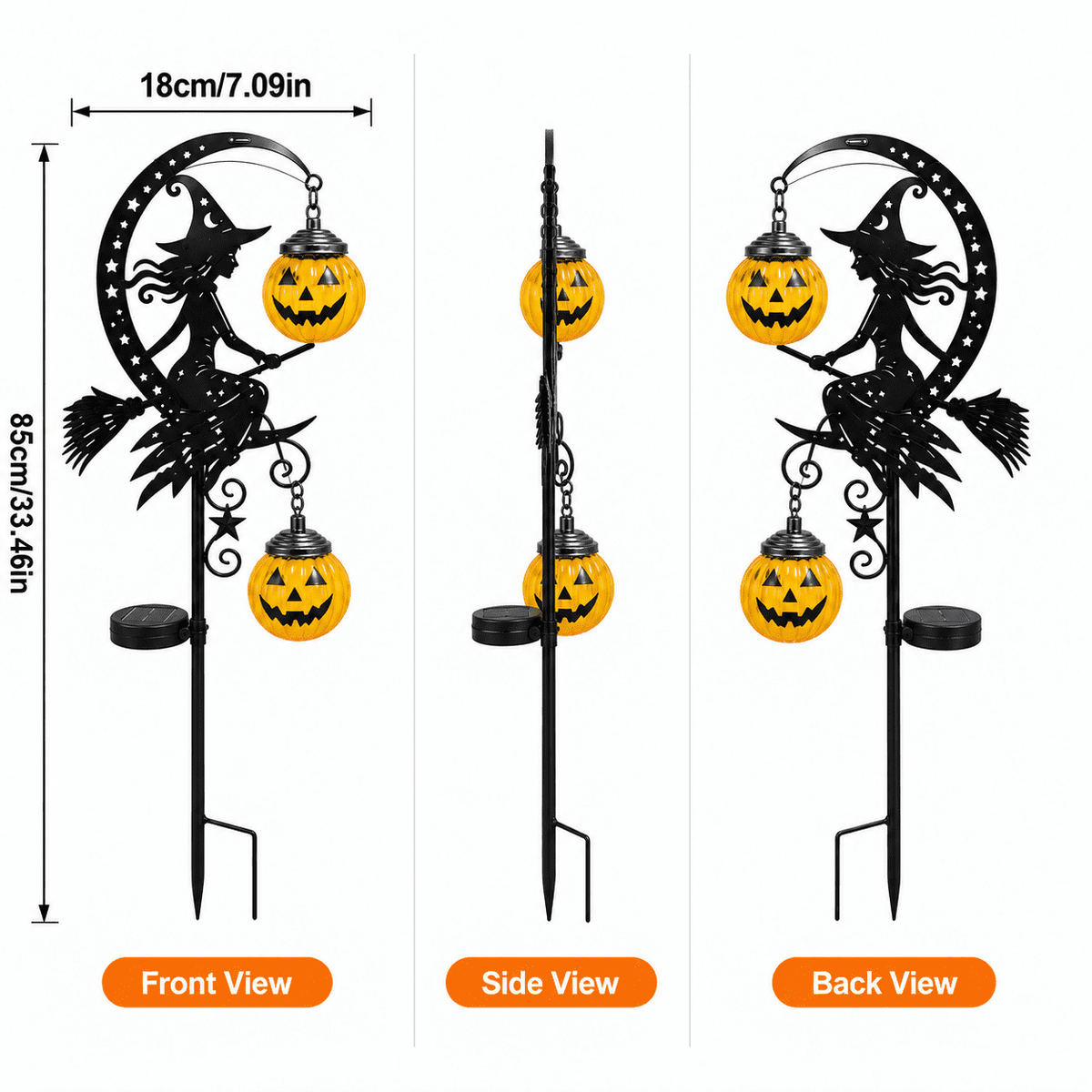 Halloween Crescent Moon Pumpkin Solar Stake Light, Star Hollow Cutout Ground Lamp, Anti Rust Halloween Decorations Party for Yard Walkway black