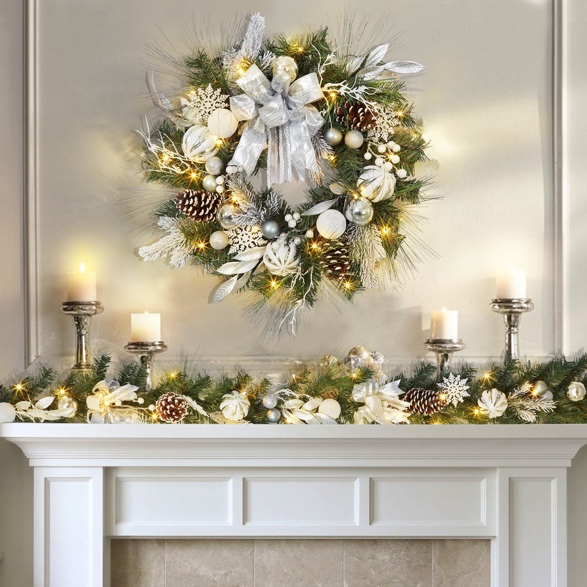 JoanKaren 24 inch Large Christmas Wreath Silver White with 20 LED Lights,Prelit Xmas Wreath w/ Ball Ornaments Pine Cone