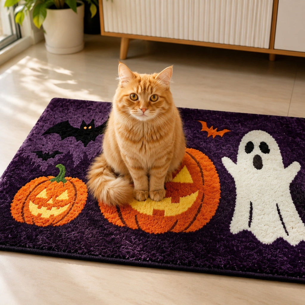 Halloween Pet Mat Faux Wool 60x40cm Black Ghost Door Mat for Dirty Feet Non Slip Entryway Rug for Dogs Cats Indoor Use