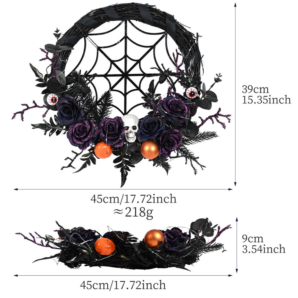 CASAFUN Halloween Wreath for Front Door 15 Inch Black Spider Web and Horror Skull Fake Flowers Ornamnets Scary Halloween Decor Spooky Home Party Fireplacce Window Wall Hanging Decor