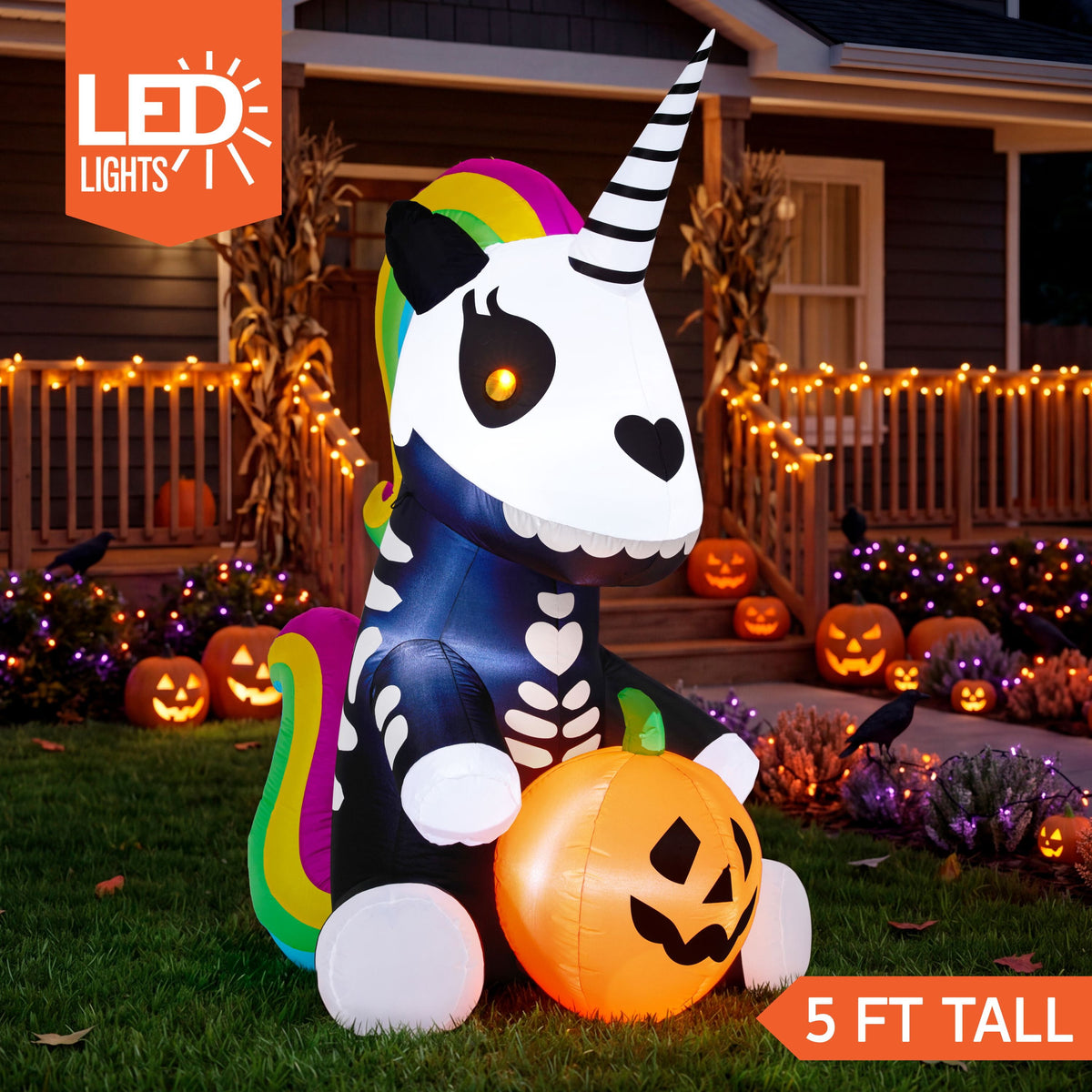 Joyfy 5 ft Halloween Inflatable Sitting Skeleton Unicorn with Build-in LEDs,Halloween Blow up Yard Decorations Outdoor Decorations