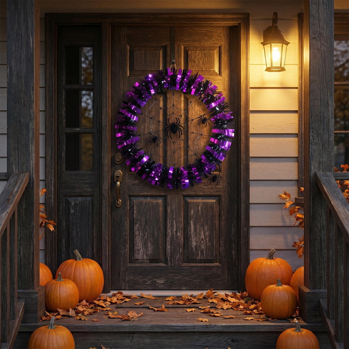 Halloween Wreaths for Front Door, Purple Black Tinsel Wreath with Spider Web & Spider Ornaments Front Door Hanging Decor for Party Home Porch