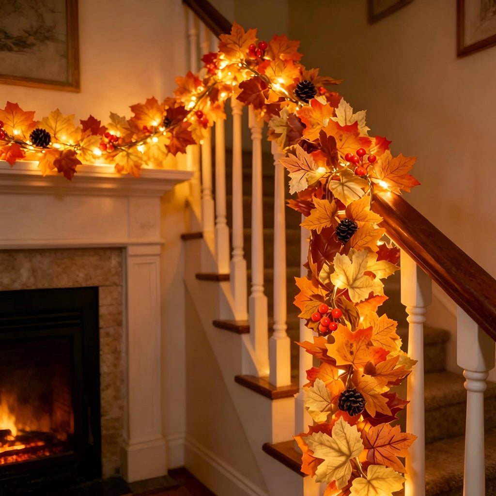 Fall Decorations for Home, 71 inch Fall Garland with Lights, Glowing Artificial Maple Leaves Home Decor Thanksgiving and Halloween, Bright colors