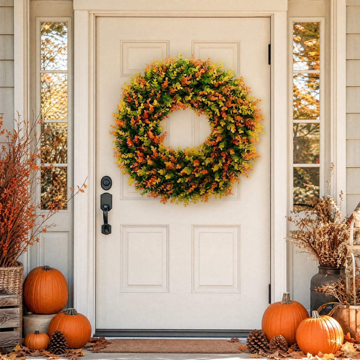 ICQOVD Halloween Pumpkin Maple Leaf Wreath with Skeleton Ornament Orange Black Bow Front Door Hanging Fall Home Decoration 15.75*15.75*3.15IN