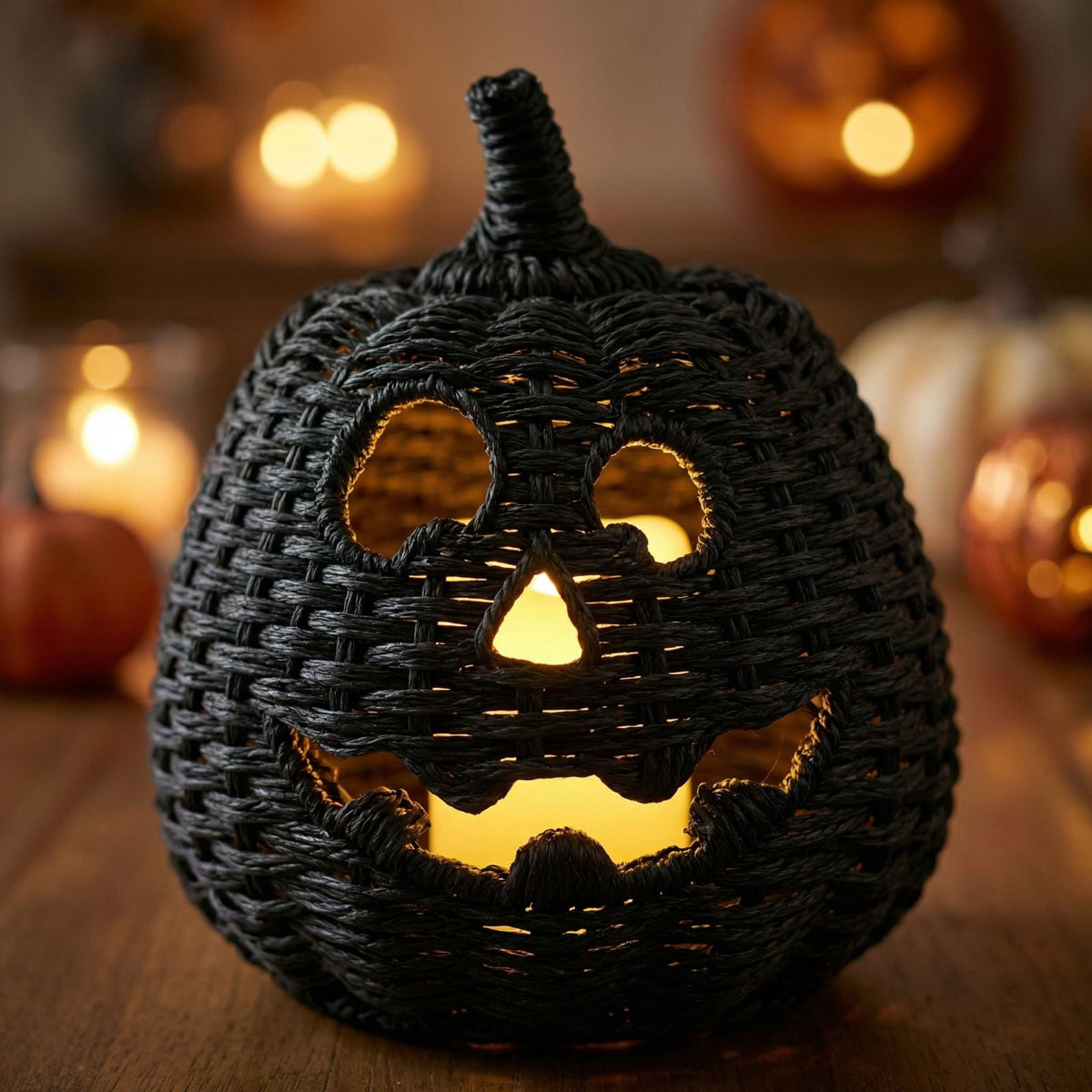THOPBPRK 2026 Black Halloween Woven Pumpkin Jack-O'-Lantern, Halloween Decorations Pumpkin, USE LED Candle, Rattan Fall Halloween Decor for Home, 1Pack 11.8 Inch A