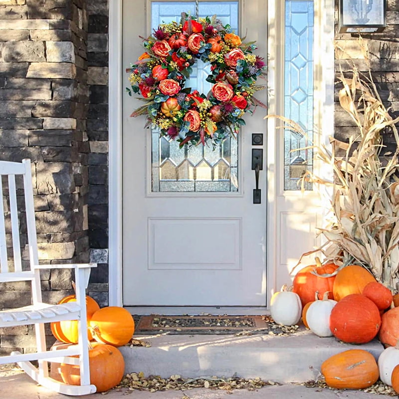 Yucurem Fall Peony Pumpkin Wreath for Front Door, 15.74" Artificial Autumn Harvest Pumpkin Wreath for Halloween Thanksgiving Harvest Mantle Porch Wall Window Decor