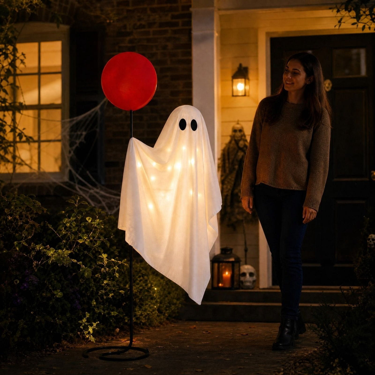 CHJK Halloween Decorations Outdoor, 6Ft Life Size Light up Ghost with Red Inflatable Balloon, Lighted Standing Halloween Porch Decoration with Metal Stand for Front Door, Yard, Lawn, Patio