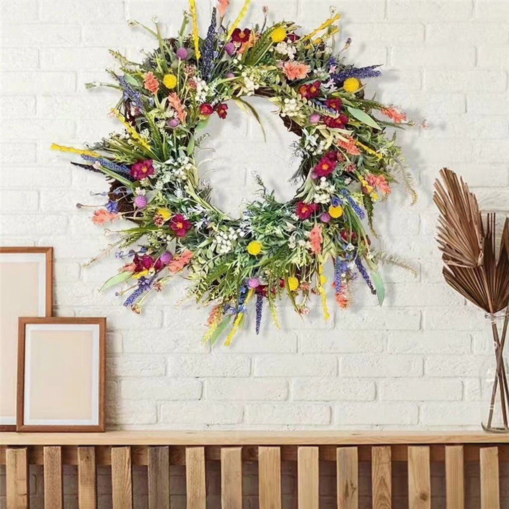 Texas Wildflower Wreath Spring And Summer Plastic Wreath Home Patio Door Hanging Decoration Simulation Dried Flowers For Halloween Thanksgiving Christmas(Green)