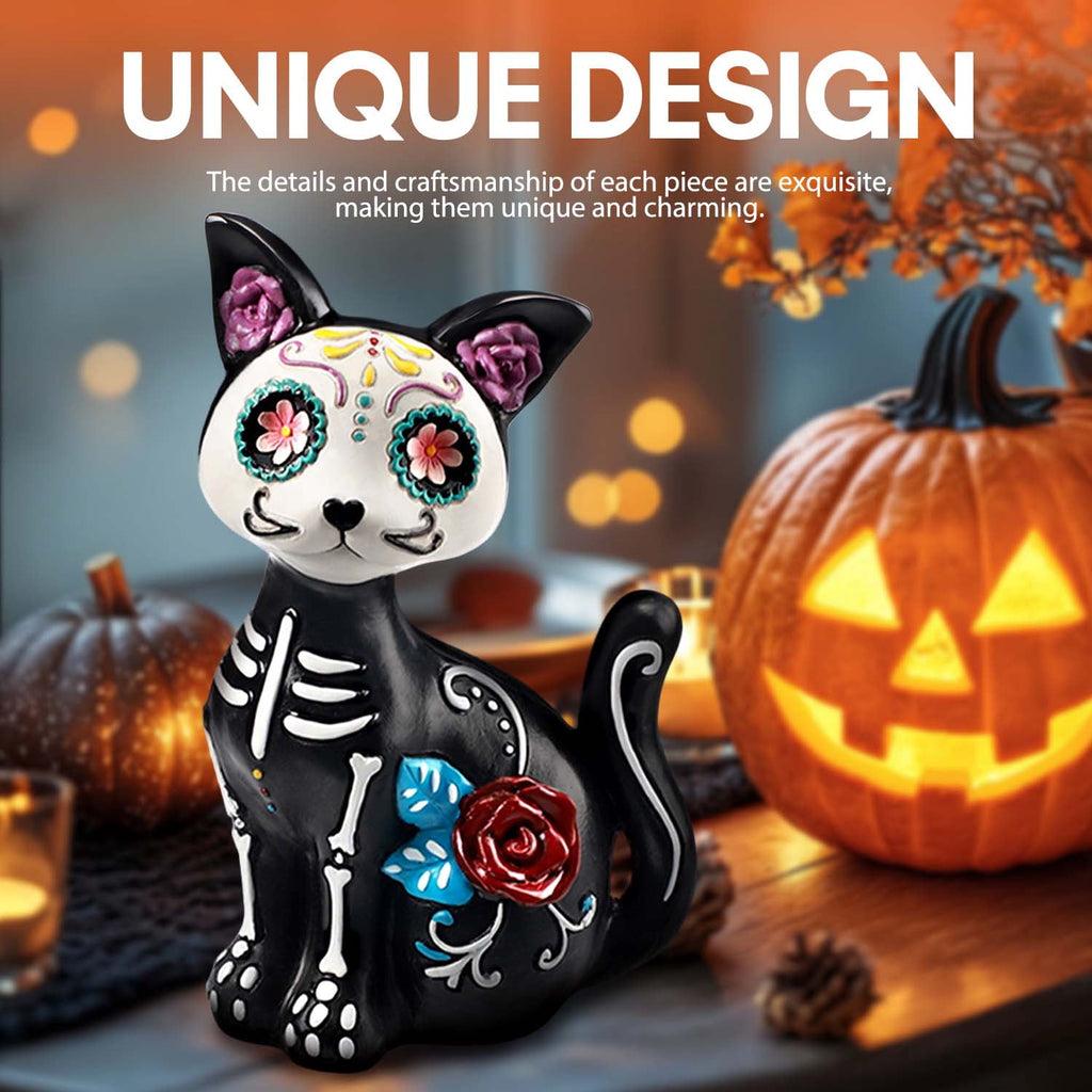 Ayieyill 2pcs Halloween Cat and Skeleton Figurines Vintage Halloween Black Cat Decor Halloween Table Decorations