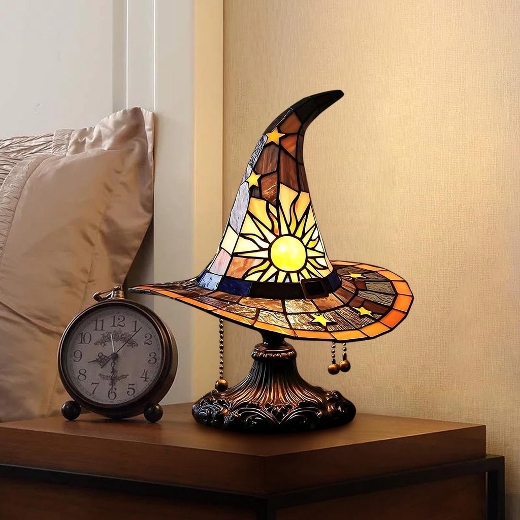 Stained Glass Witch hat lamp, 7" Halloween Gothic Mystic Room Decor Handcrafted Ceramic Phantom Figurine, USB Rechargeable LED Glowing Lantern for Bedroom Living Room Mantel Home Decor