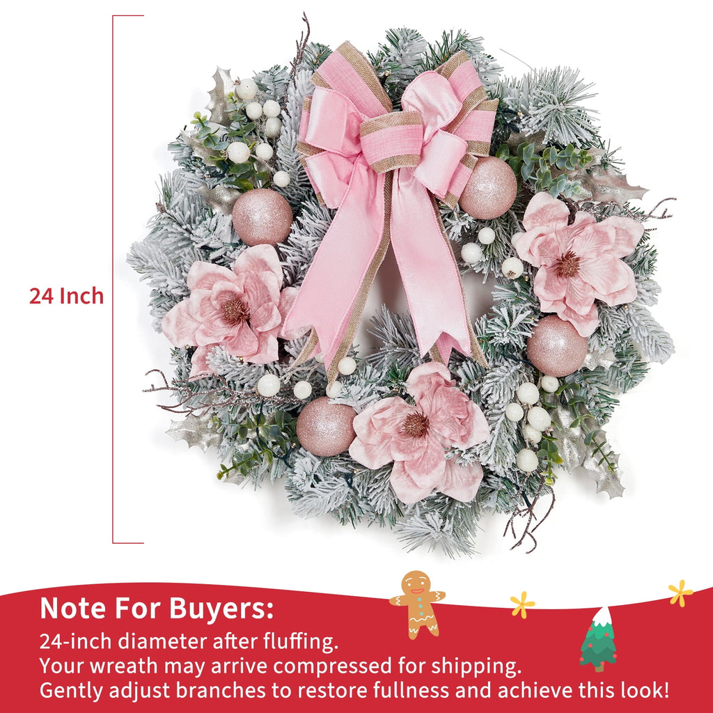 JoanKaren 24 inch Large Christmas Wreath Silver White with 20 LED Lights,Prelit Xmas Wreath w/ Ball Ornaments Pine Cone
