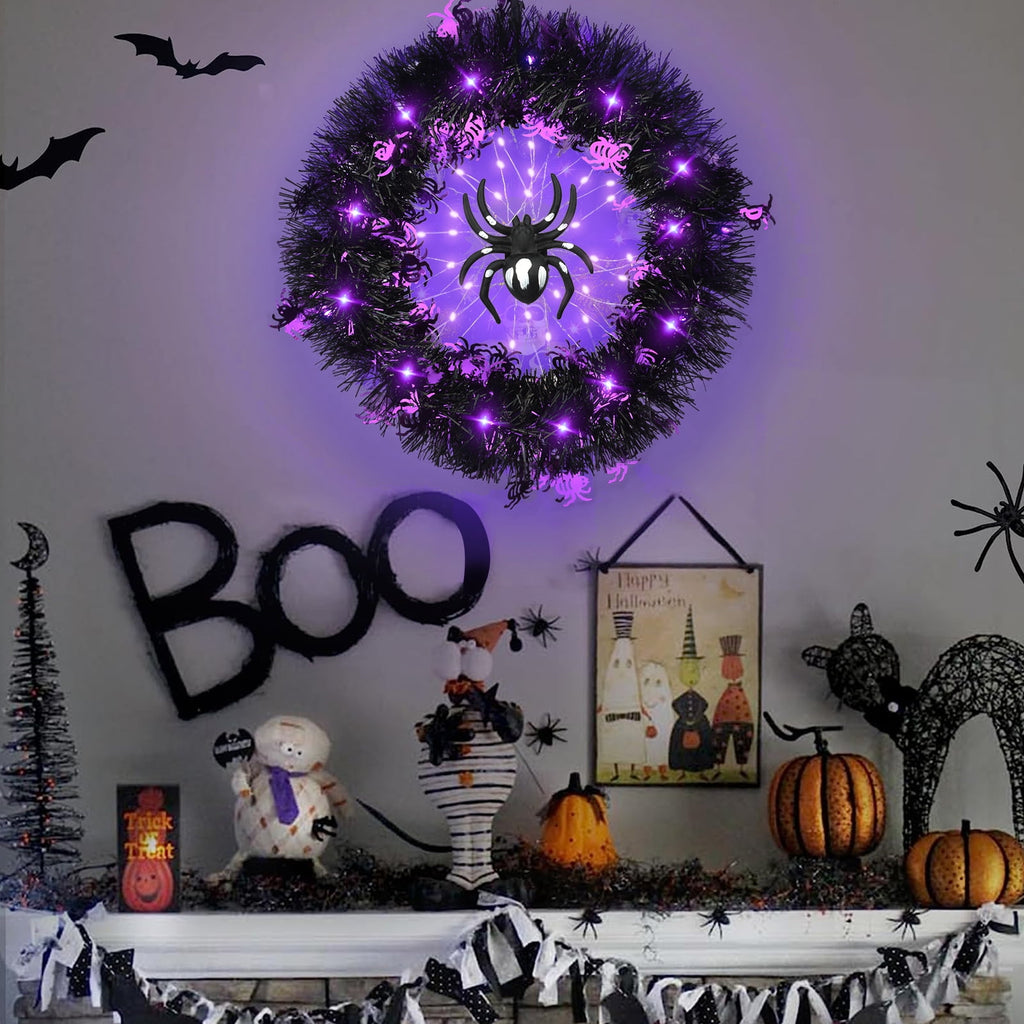 Halloween Spider Garland Front Door Wall Hangings Halloween Horror Party Atmosphere Decoration LED Luminous Wreath