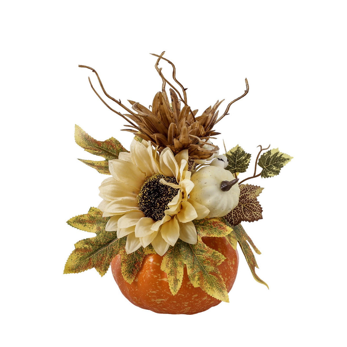 Peacheart Fall Table Decoration, 4.7" Artificial Pumpkin with Sunflower Berry Maple Leave for Autumn Harvest Thanksgiving Halloween Wedding Party Farmhouse Home Table Centerpiece