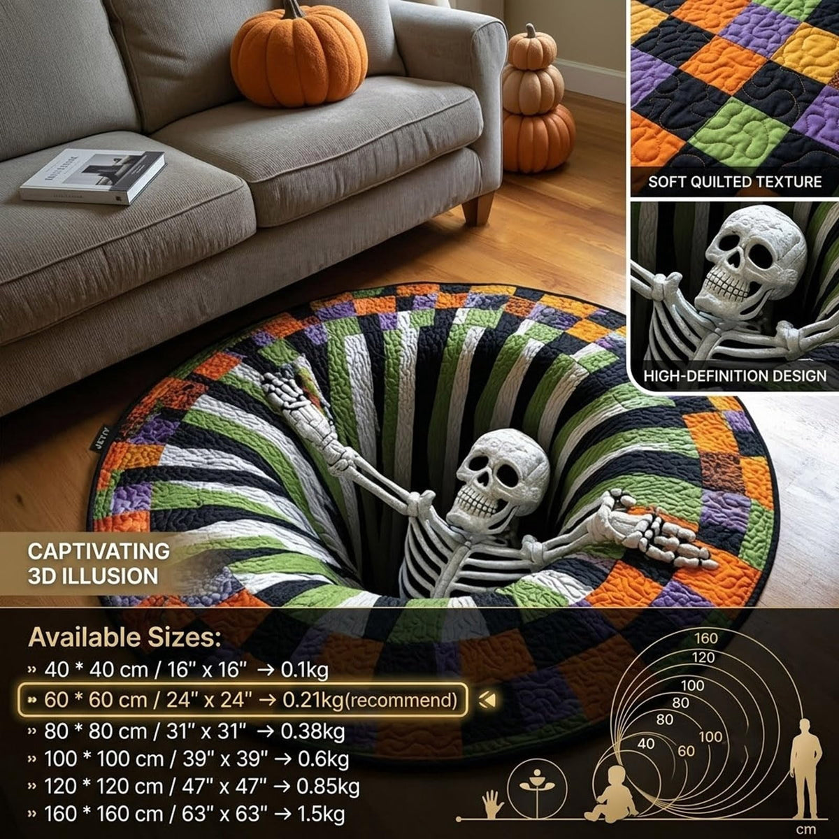 Halloween Round Rug 3D Skeleton Vortex Quilted Illusion Mat | Soft non-slip fabric indoor round decor. Perfect for living room, kitchen or bathroom. Features a spooky depth pattern