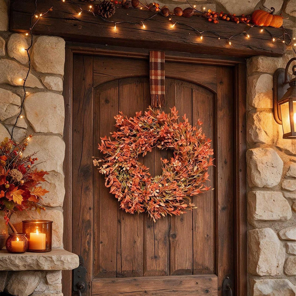 OKKVV Artificial Orange Fall Leaf Front Door Wreath, Rustic Autumn Foliage Twig Wreath, Harvest Thanksgiving Halloween Farm Window Wall Hanging Decor