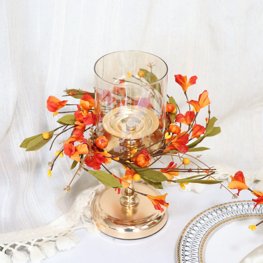 Qocolcyl 12in Faux Pumpkin Floral Fall Wreath, Fake Autumn Flower Berry Candle Ring, Small Twig Wreath for Front Door Mantel Dining Table Indoor Outdoor Thanksgiving Halloween Farmhouse Decor