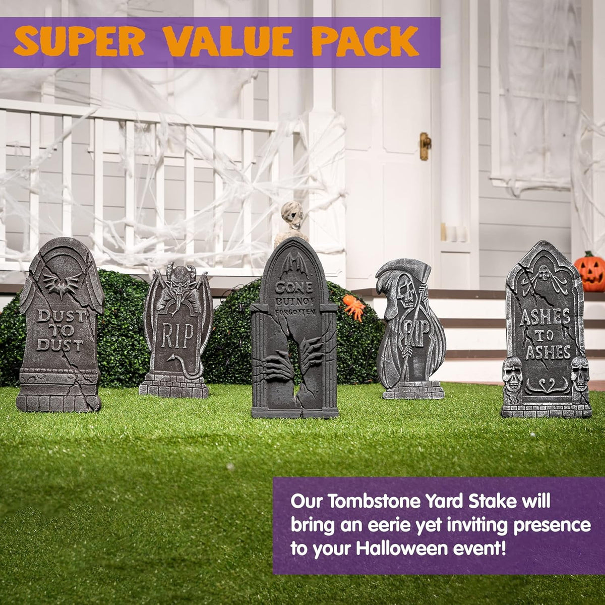 Joyfy 5 Pack Halloween Tombstone Outdoor Decorations,17 Inch Foam RIP Cemetery Headstone Decoration and 12 Halloween Yard Lawn Decoration Metal Stakes