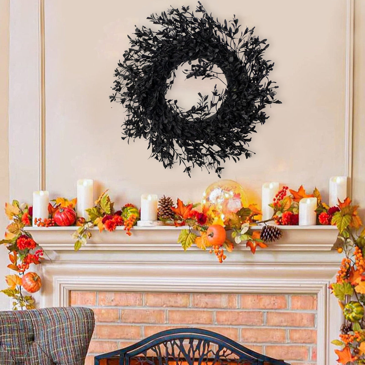 HHBEAUTY 11.8" Artificial Forsythia Wreath Spring Summer Fall Winter Wreaths for Front Door with Berries Silk Leaves Wreath for Halloween Decorations Porch Wall Window Indoor Outdoor Home Decor