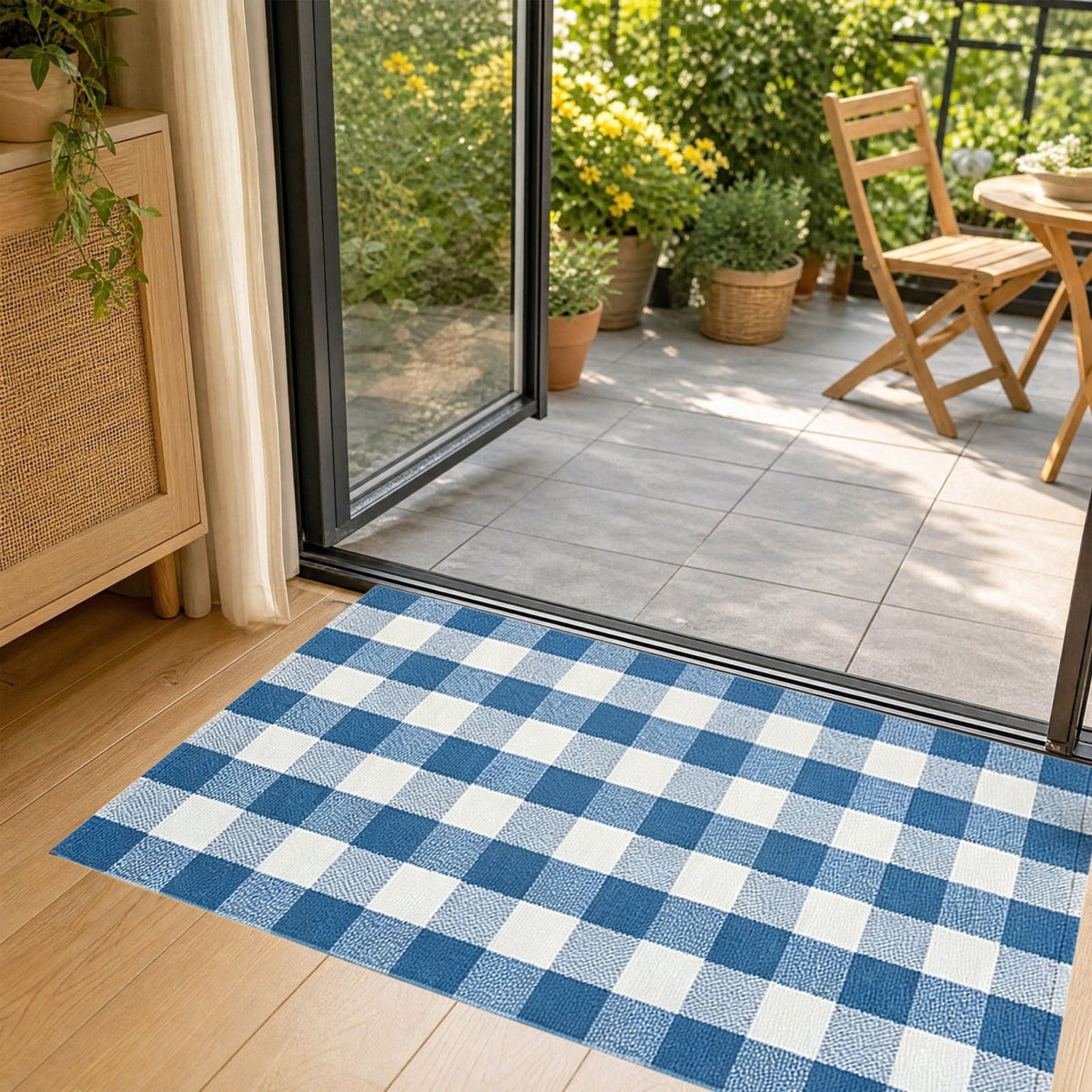 Orange Plaid Fall Outdoor Mat, Hand-Woven Porch Rug for Thanksgiving Halloween Door Decor