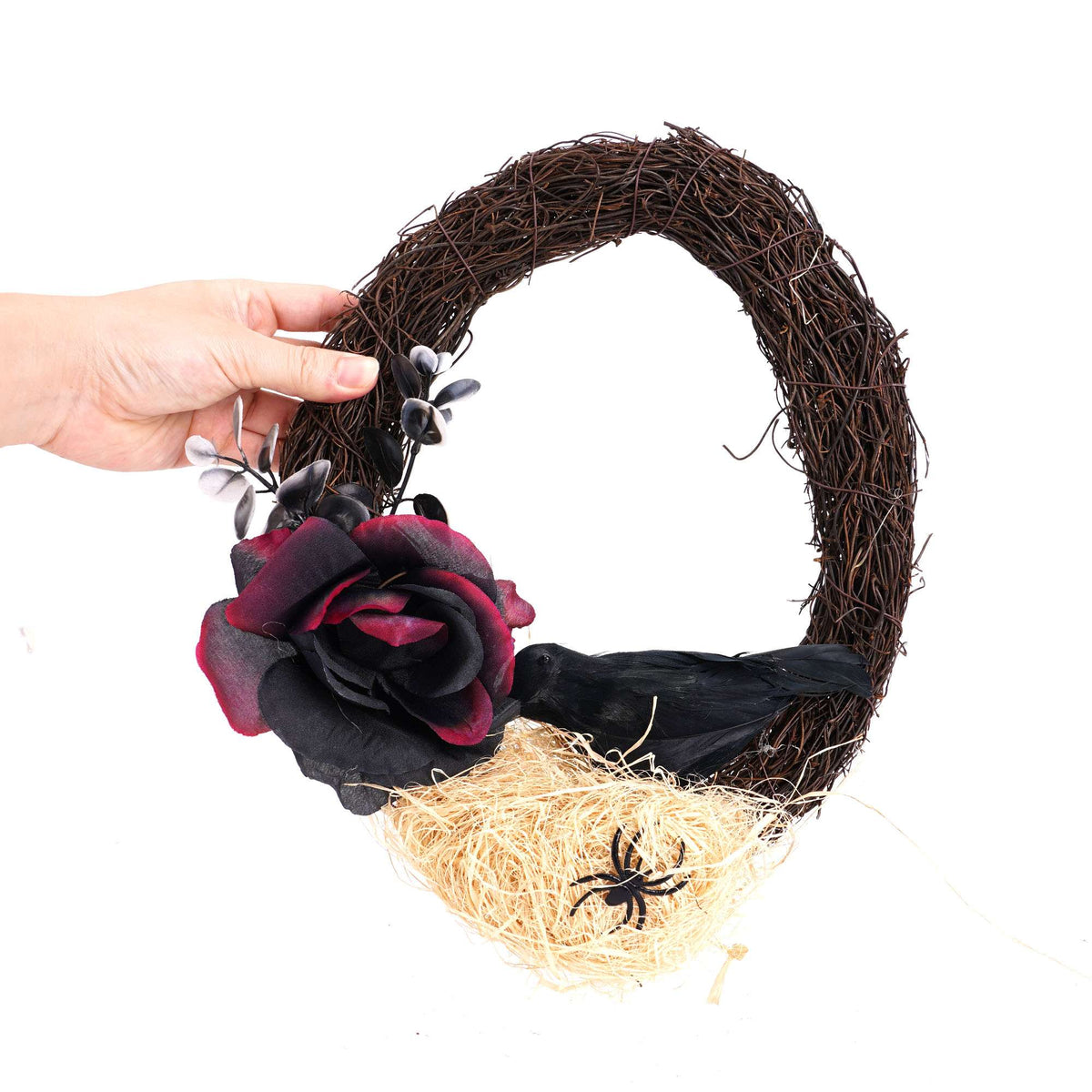 Spencer Halloween Wreath for Front Door, 10 Inch Halloween Garland with Black Rose, Crow, Spider and Twig Branch for Home Porch Window Wall Decor
