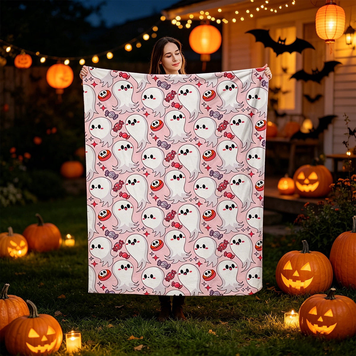 Halloween blanket,Halloween Print Throw Blanket Flannel Soft Cozy Decorative Nap Blanket with Ghost Pumpkin Skull for Office Bedroom Sofa Camping Travel(100x150cm/39x59 Inch),Black