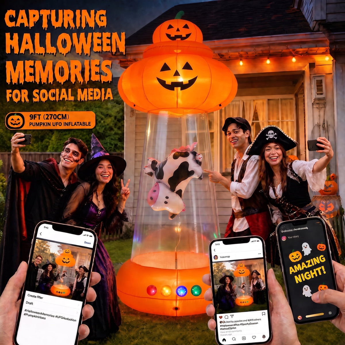 BSHAPPLUS® 9ft Halloween Inflatable Decorations,Blow up Yard Decor with Auto-Scaling Ghost in Pumpkin, Witch, Tombstone,Black Cat,Built-in LED,IP44 Waterproof for Outdoor Lawn Garden Party